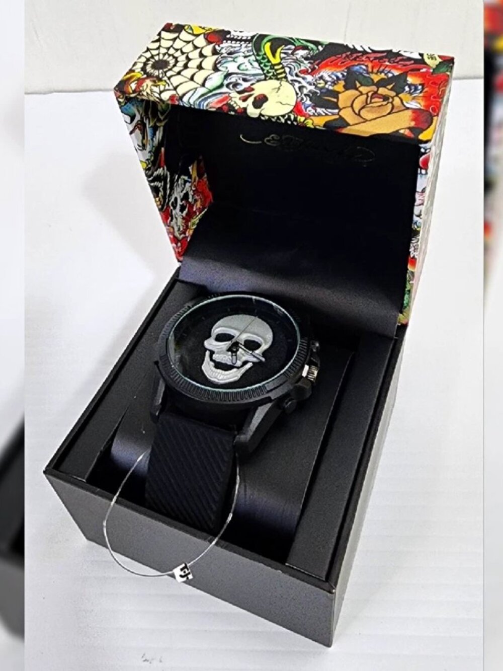 Ed Hardy Men's Skull Dial Analog Quartz Watch, Black Silicone Strap w/ Box